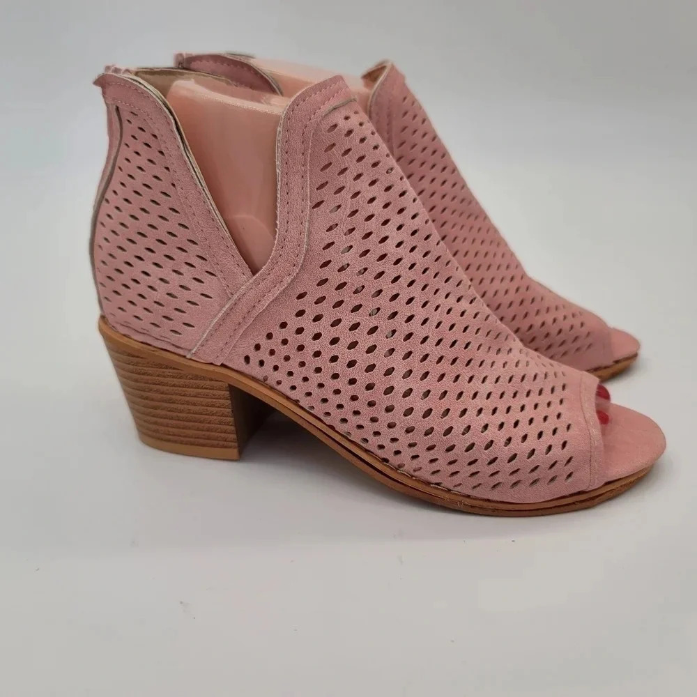 New Faux Suede Pink Shootie Bootie Ankle Boot Open Toe Women's sz 37 (US 5.5)